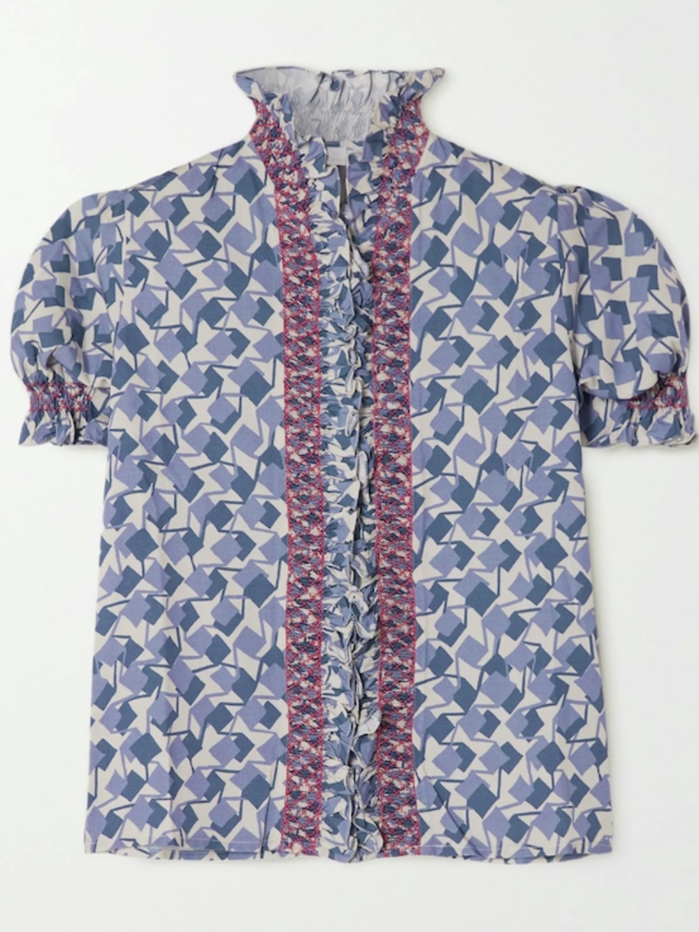 Blue Geometric Ruffle Collar Blouse